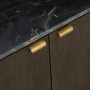 Szafka RTV Furlo, zaokrąglona, orzech, brązowy marmur, złote uchwyty