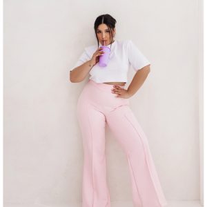 WP eleganckie szerokie spodnie plus size - pudrowy róż