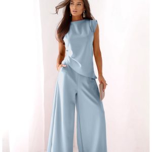 Komplet asymetryczna bluzka i spodnie ARMINA - błękitny