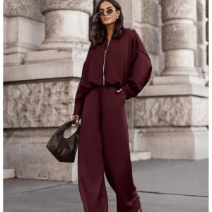 Masełkowy dres z szerokimi spodniami SORGO - bordowy