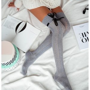 Zakolanówki ażurowe ze wstążką - szare