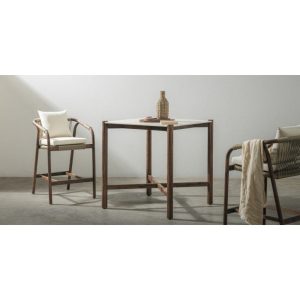 Zestaw ogrodowy Rovigo stół z kamiennym blatem 90 cm i 2 hokery z plecionką ze sznurka, ciemne drewno akacjowe/jasnobeżowy