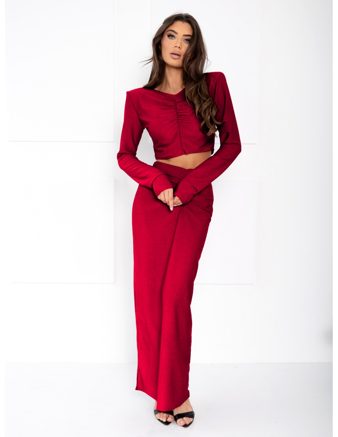 Brokatowy komplet ze spódnicą maxi ASTERIA - czerwony