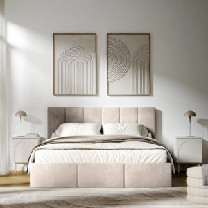 Łóżko tapicerowane Simple 160x200 cm z pojemnikiem, welurowe, jasnobeżowe