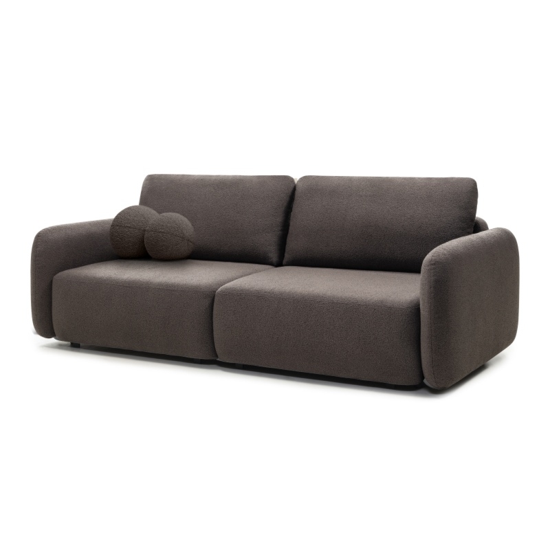 Sofa rozkładana Botse ciemnobrązowa z pojemnikiem, obłe kształty, boucle