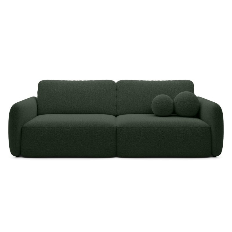 Sofa rozkładana Botse ciemnozielona z pojemnikiem, obłe kształty, boucle