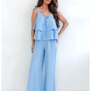 Komplet z wiskozy z szerokimi spodniami ANELL - błękitny