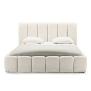 Łóżko tapicerowane 160x200 cm Moona, ze stelażem i pojemnikiem, jasnobeżowe, boucle, obły kształt