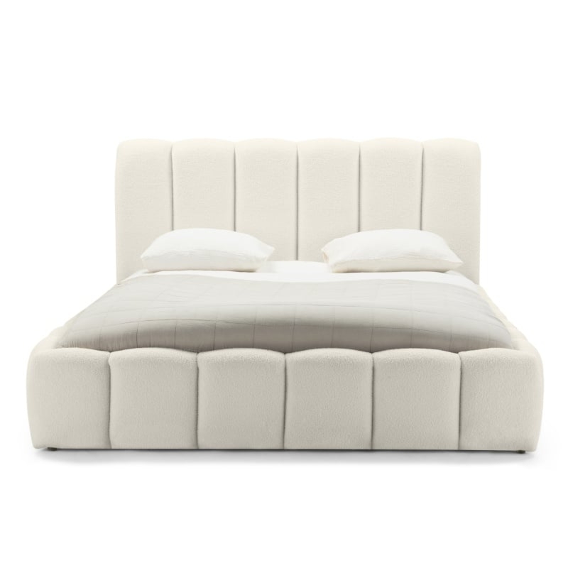 Łóżko tapicerowane 160x200 cm Moona, ze stelażem i pojemnikiem, jasnobeżowe, boucle, obły kształt