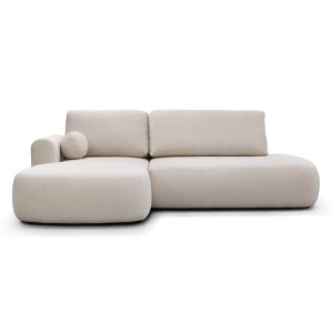 Narożnik z funkcją spania i pojemnikiem Ariola, obłe kształty, jasnobeżowy, boucle, lewy