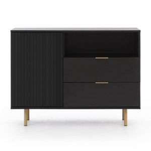 Komoda jednodrzwiowa z szufladami Nubia, ryflowana, czarna/złote nóżki