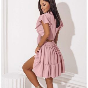 Komplet wiązany top i spódniczka ROMANCE - pudrowy róż