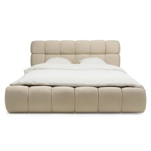 OU-2023 Łóżko tapicerowane Nexo 160x200 cm, ze stelażem i pojemnikiem, jasnobeżowe, obłe kształty