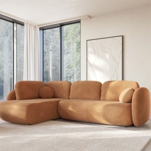 Narożnik rozkładany Olio ll z pojemnikiem, lewostronny, miedziany, obłe kształty