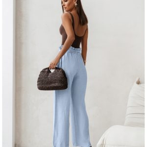 Stylowe lniane spodnie z paskiem ASKAR - błękitne