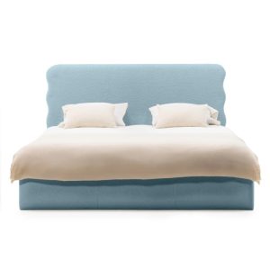 Łóżko tapicerowane 160x200 cm Bolge, ze stelażem i pojemnikiem, niebieskie, boucle, falowany zagłówek