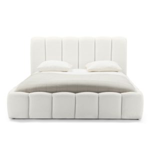 Łóżko tapicerowane 160x200 cm Moona, ze stelażem i pojemnikiem, boucle, obły kształt
