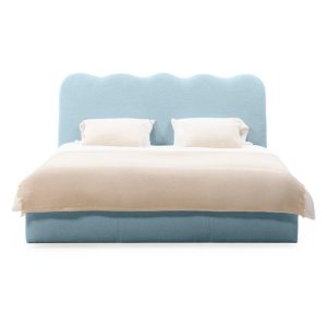 Łóżko tapicerowane 160x200 cm Onda, ze stelażem i pojemnikiem, niebieskie, boucle, falowany zagłówek
