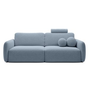 Sofa rozkładana Botse Lux z pojemnikiem, obłe kształty, niebieska, boucle