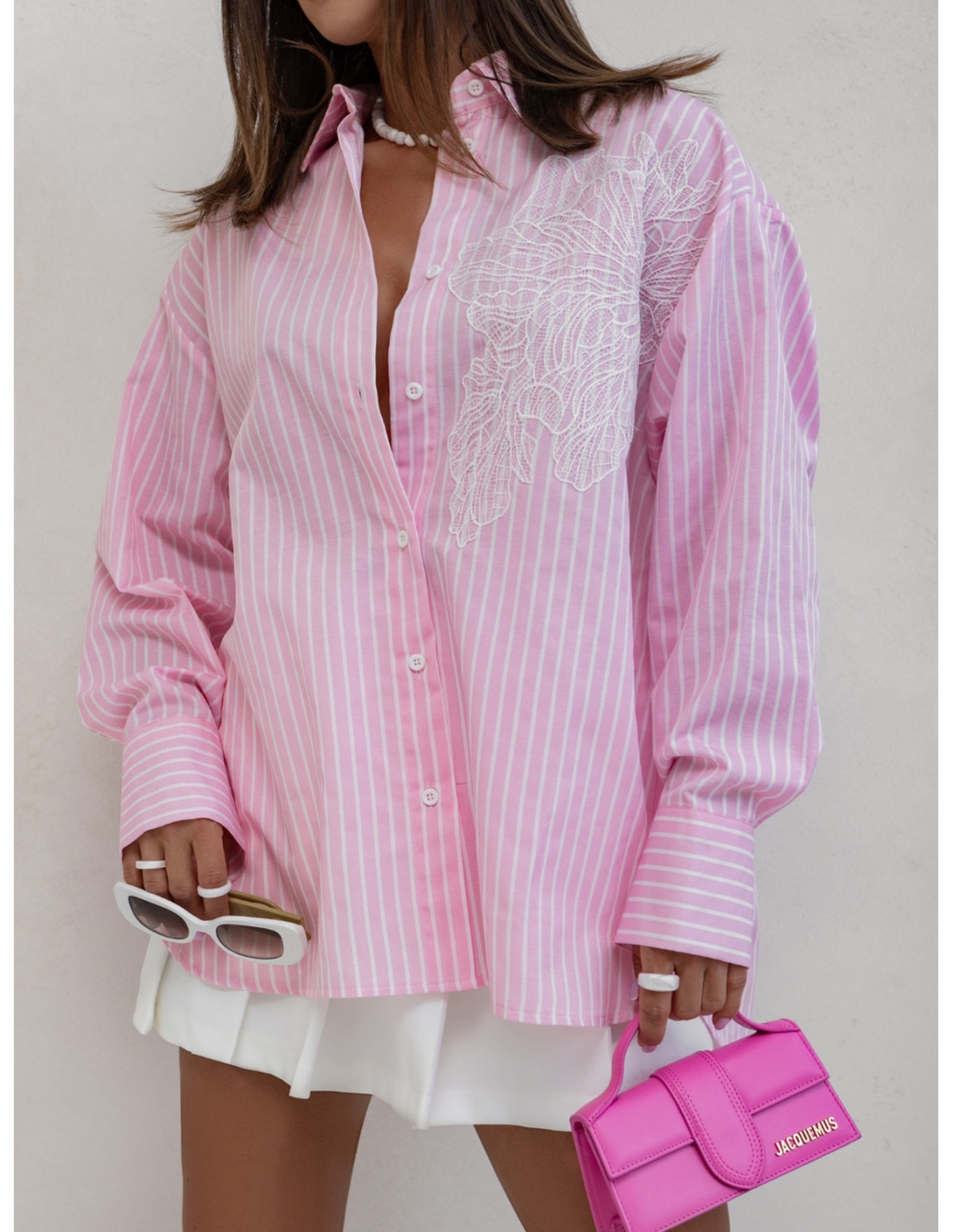 Bawełniana koszula w paski z aplikacją VANORA - pudrowy róż