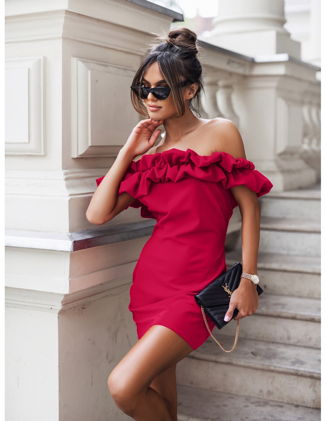 Modna sukienka hiszpanka z falbaną ALISTAR - fuksjowa