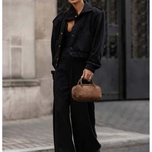 Stylowe szerokie spodnie z zamszu ANAHI - czarne