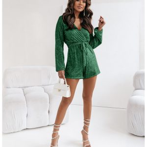 Cekinowy kombinezon z szerokimi nogawkami Elyse - butelkowa zieleń