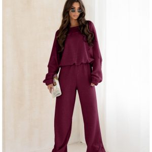 Komplet dzianinowy z szerokimi spodniami MILENA - bordowy