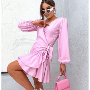 Przekładana sukienka z falbaną NALINA - pudrowy róż