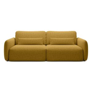 Sofa rozkładana Mossa z pojemnikiem, musztardowa, obłe kształty