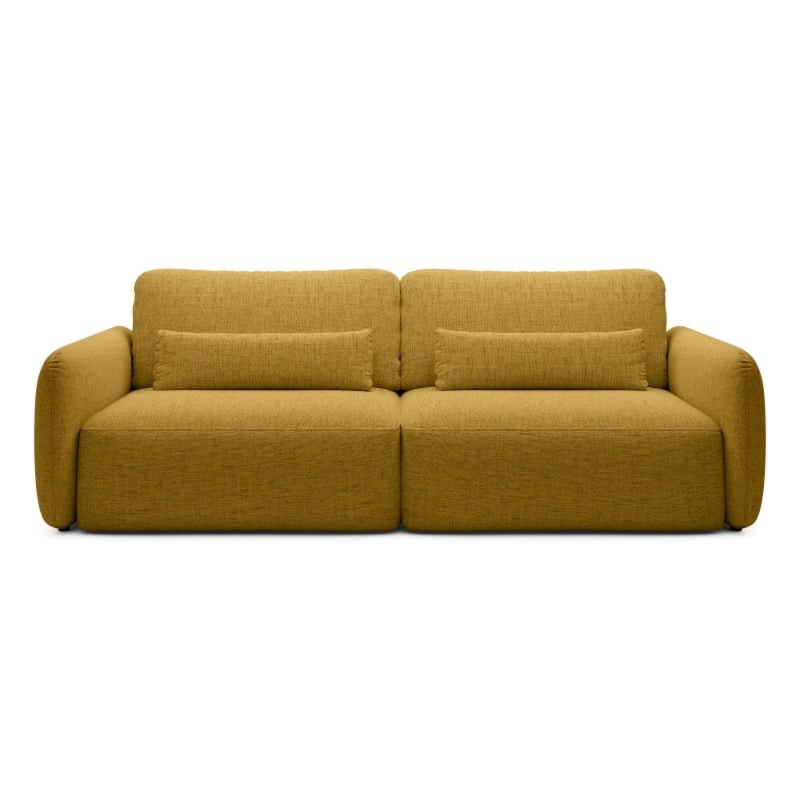 Sofa rozkładana Mossa z pojemnikiem, musztardowa, obłe kształty