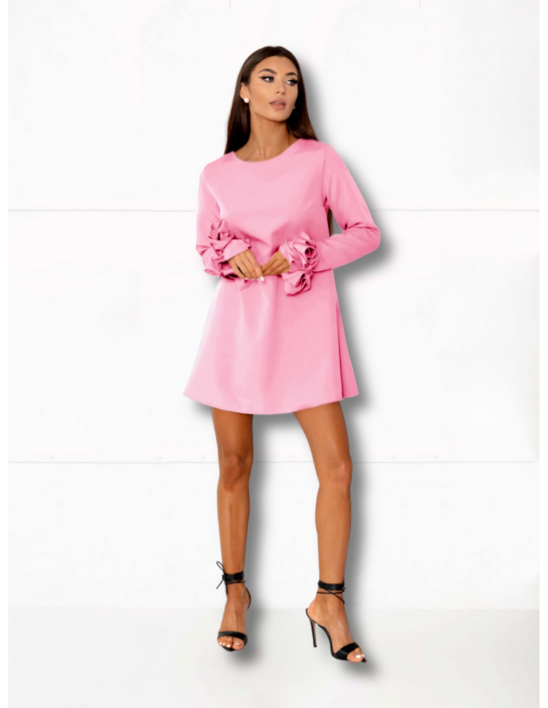 Sukienka trapezowa z ozdobnymi rękawami MANITA - pudrowy róż