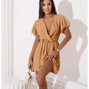 Zwiewna sukienka z kopertowym dekoltem ALICJA - ciemny beż