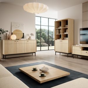 Regał dwudrzwiowy Japandi, dąb linea/czarne nóżki