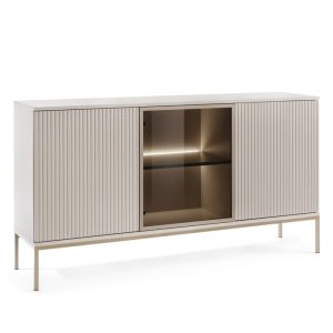 Komoda trzydrzwiowa Sento z frezowanym frontem, oświetleniem LED, kaszmirowa