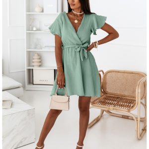 Sukienka muślinowa z kopertowym dekoltem LAFI - szałwiowa