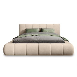 Łóżko tapicerowane Vigo 140x200 cm ze stelażem i pojemnikiem, jasnobeżowe, welurowe