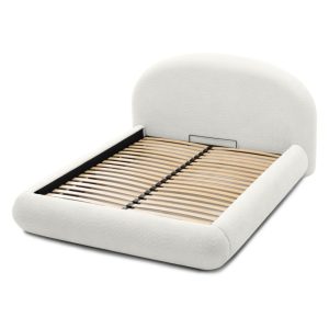 Łóżko tapicerowane Asillo 140x200 cm ze stelażem i pojemnikiem, białe, boucle, obłe kształty