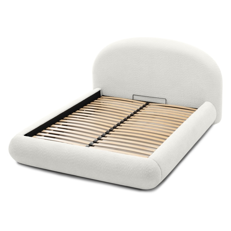 Łóżko tapicerowane Asillo 140x200 cm ze stelażem i pojemnikiem, białe, boucle, obłe kształty