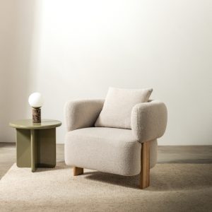 Fotel Noko, szarobeżowy, boucle, obłe kształty