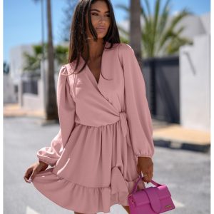 Rozkloszowana sukienka z falbanką - KALIFORNIA - brudny róż