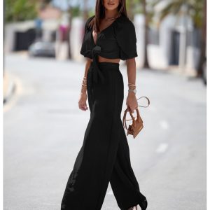Komplet top wiązany i spodnie SORRENTO - czarny
