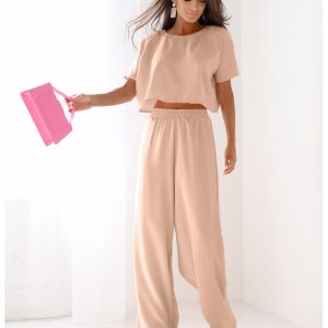 Komplet bluzka z szerokimi spodniami RAVEN - beżowy