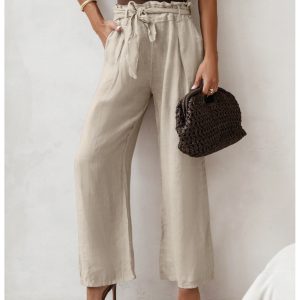 Stylowe lniane spodnie z paskiem ASKAR - beżowe