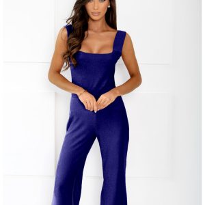 Brokatowy kombinezon z szerokimi nogawkami RONY - chabrowy