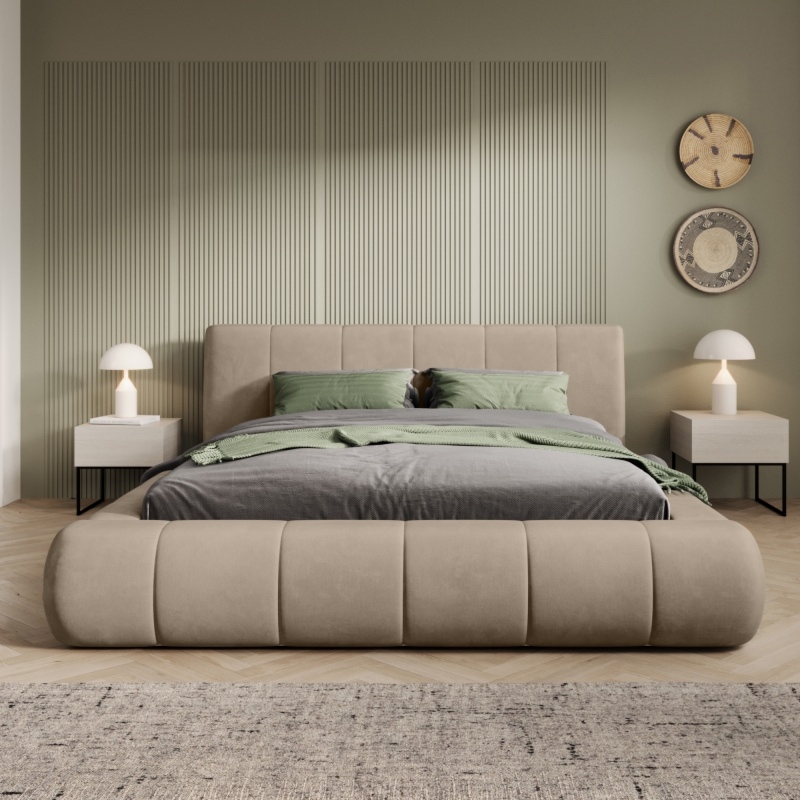 Łóżko tapicerowane Vigo 160x200 cm ze stelażem i pojemnikiem, jasnobrązowe, welurowe