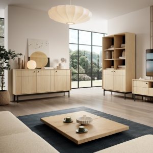 Komoda trzydrzwiowa Japandi, dąb linea/czarne nóżki