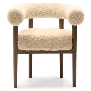 Krzesło tapicerowane Puffy, beżowe/orzech okapi, boucle, zaokrąglone