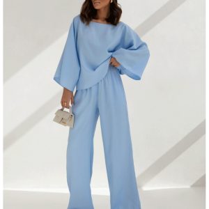 Stylowy komplet z szerokimi spodniami PHOEBE - błękitny