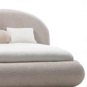 Łóżko tapicerowane Asillo 140x200 cm ze stelażem i pojemnikiem, beżowe, boucle, obłe kształty